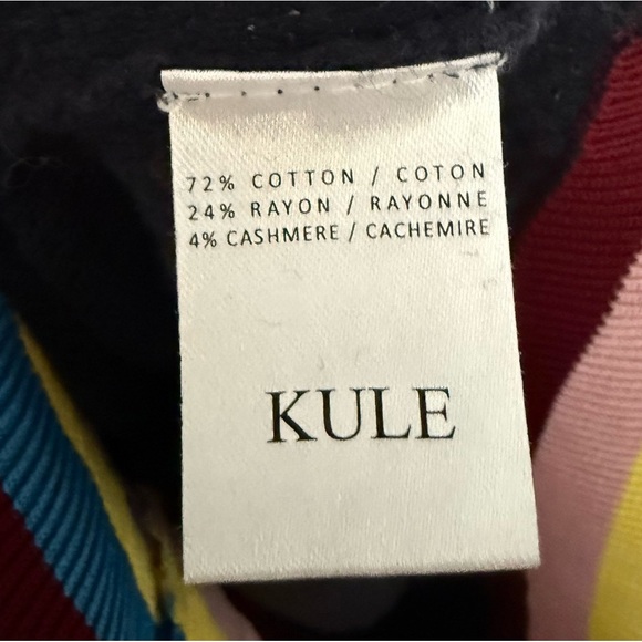 Kule Navy Blue Cashmere Blend Crewneck Sweater Rainbow Striped Cuff Size Small - Picture 5 of 8